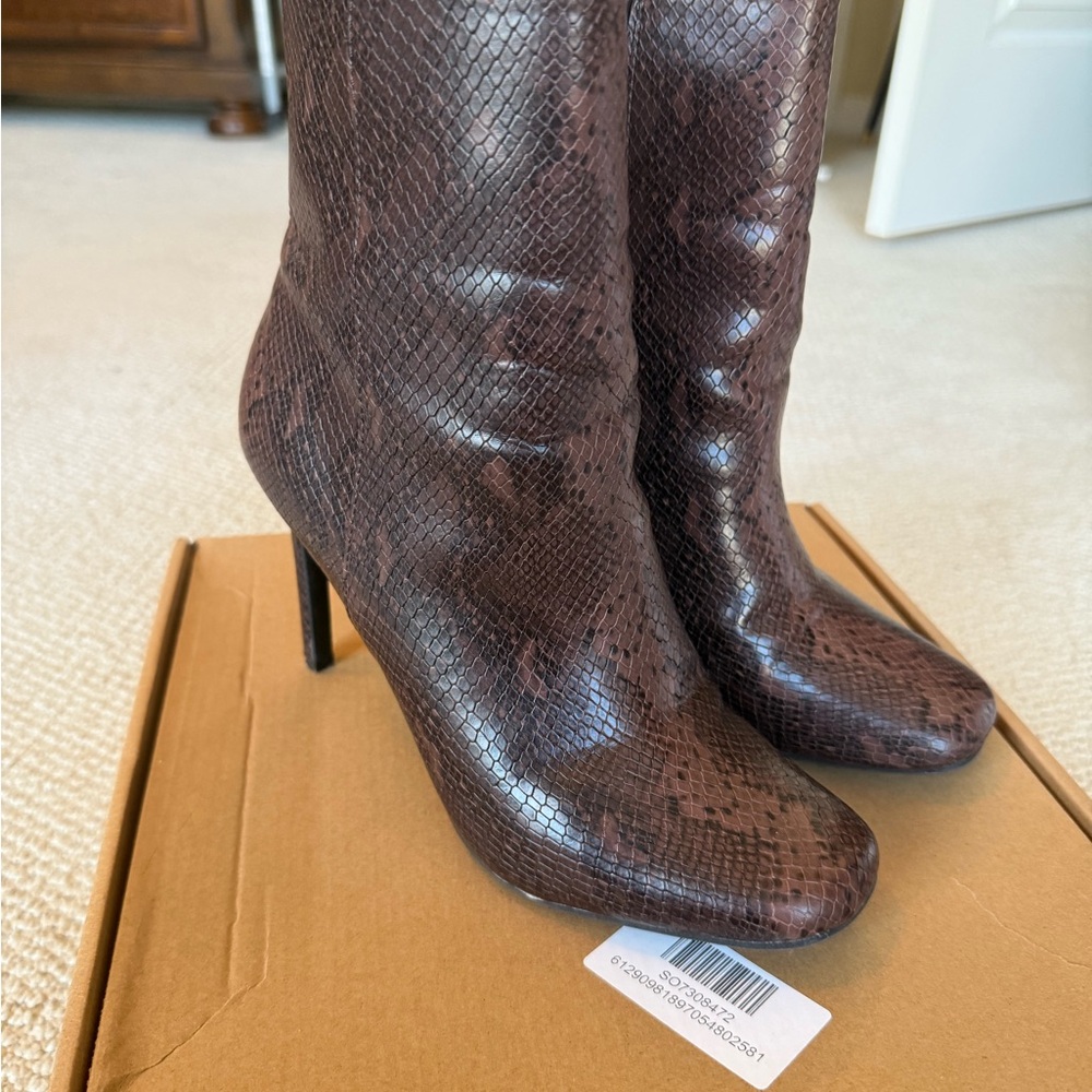 Women's Brown Snake-Print Leather High-Heel Boots